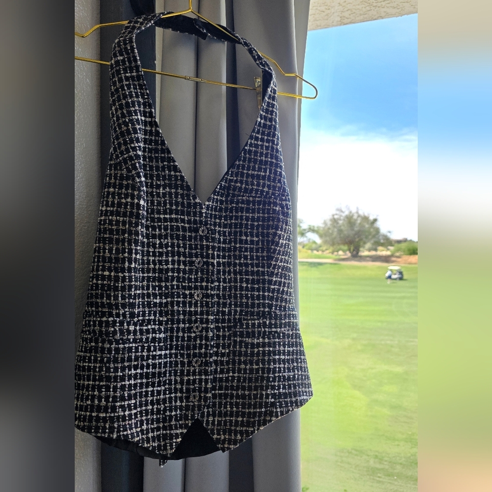 Black & White Tweed V-Neck Button Halter Waistcoat Cinch Back Vest